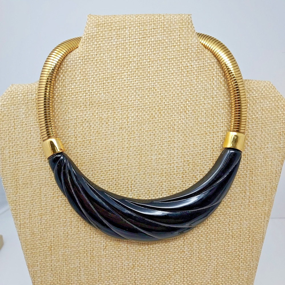 Monet Art Deco Revival Black Gold Chunky Omega Collar Necklace 14" Signed 1980s